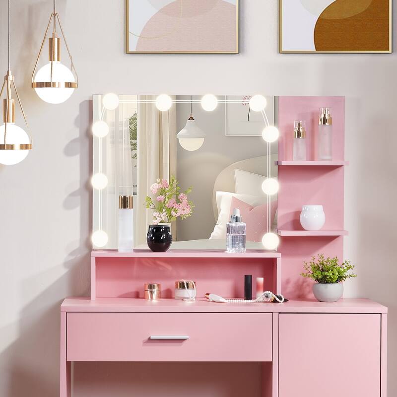 Vanity Set Pink Particle Board 1 Drawer 1 Door 3 Shelves Lamp - 29.53" x 15.55" x 53.27"