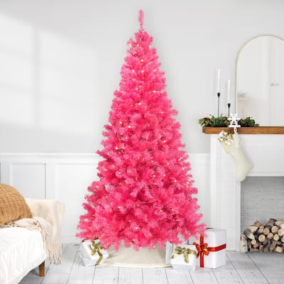 Pre-Lit Artificial Tinsel Christmas Tree - 7' - Pink - Clear Lights - 7 Foot