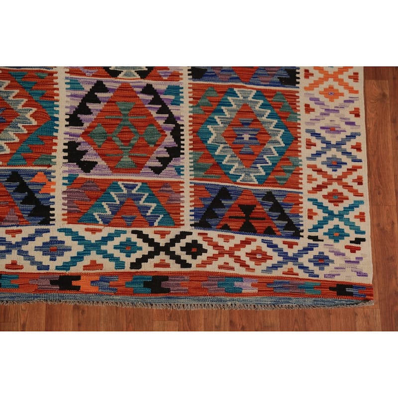 Geometric Kilim Oriental Area Rug Hand-Woven Multi-Color Wool Carpet - 8'4"x 11'6"