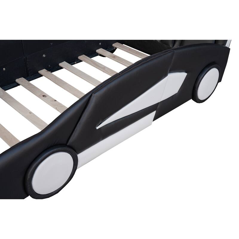 Black Twin Race Car Platform Bed with Guardrails and Wheels