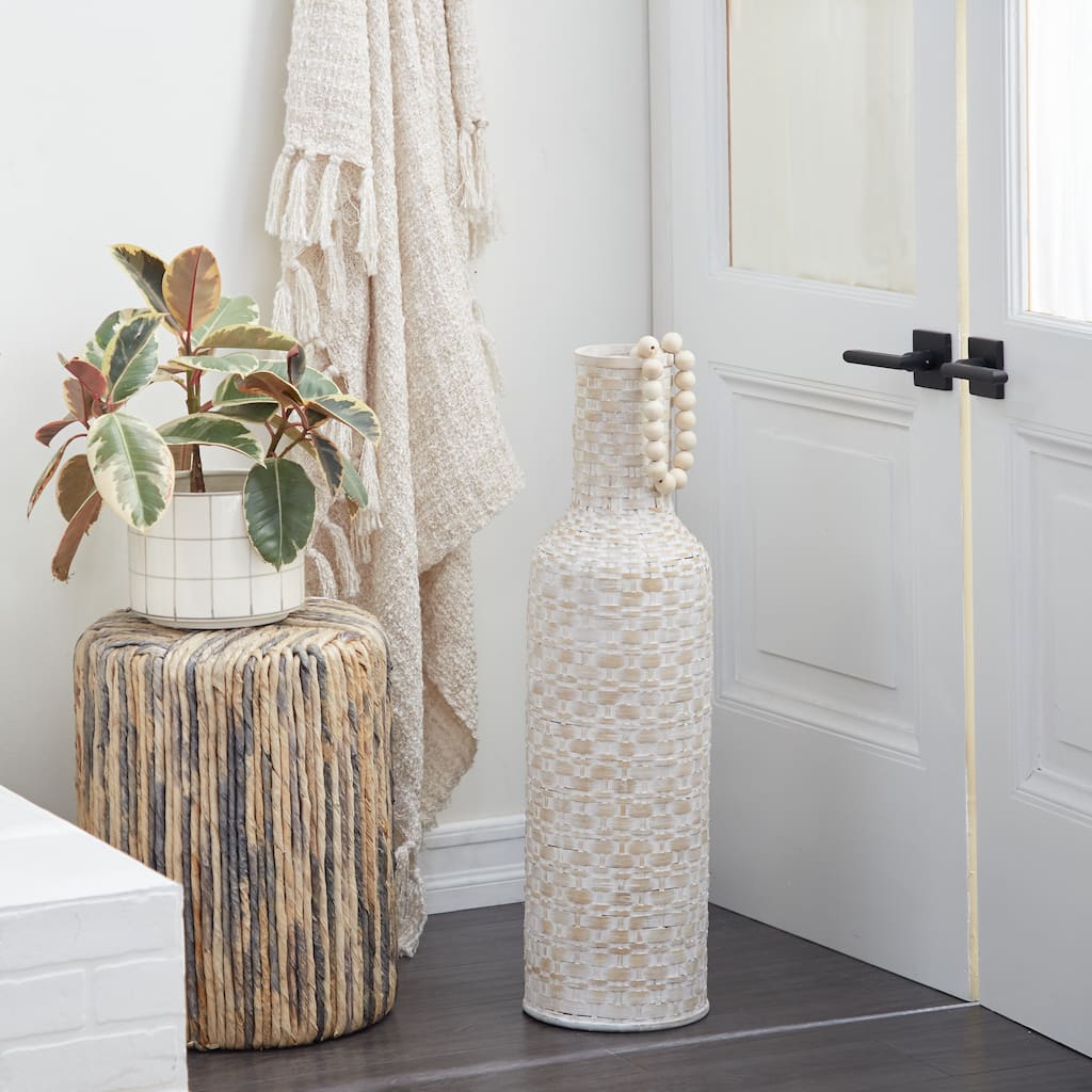Intricately Woven Tall Bamboo Wood Floor Vase - White or Brown