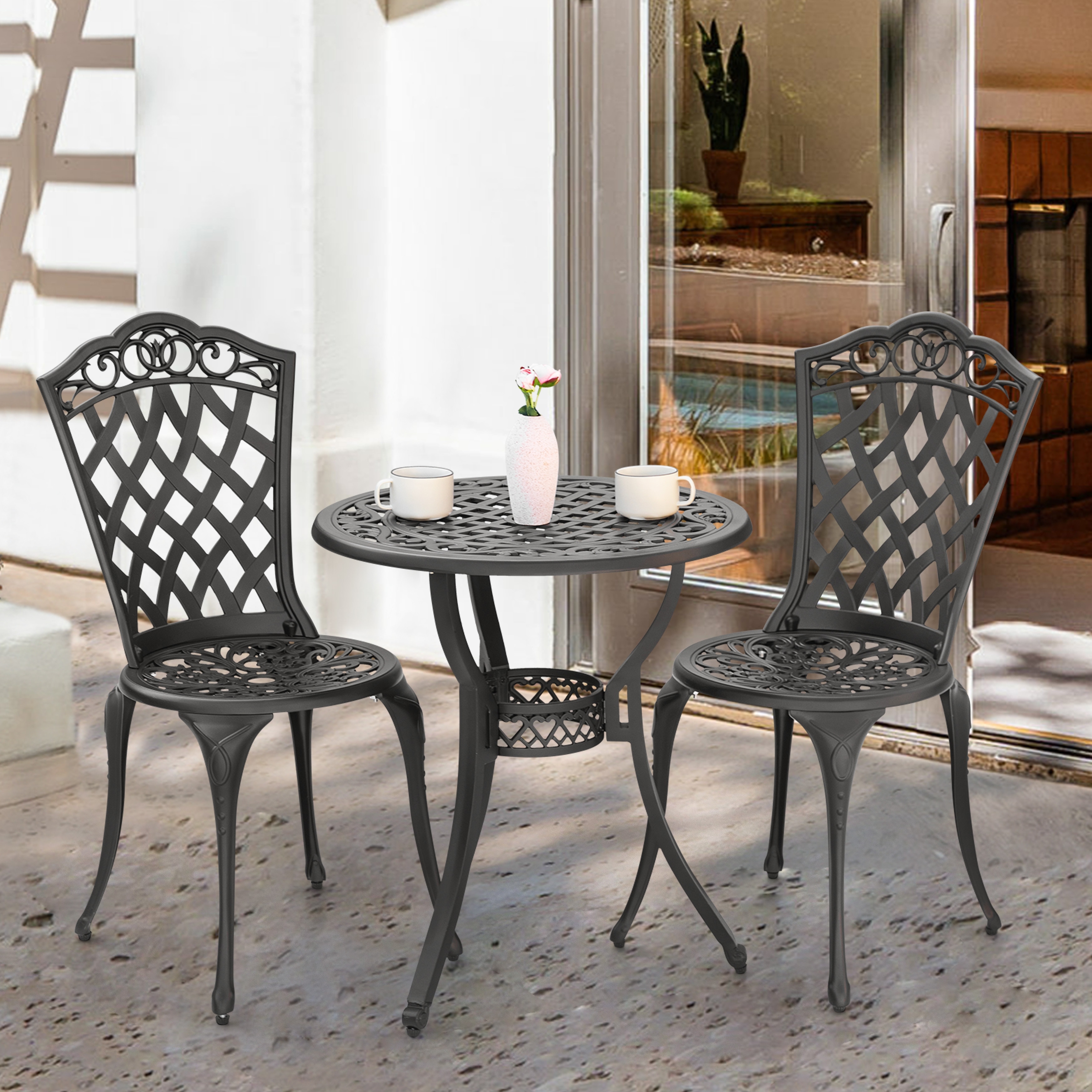 MEETWARM Cast Aluminum Patio Dining Chairs – Set Of 2, Lattice Design, Dark Bronze, Weather Resistant