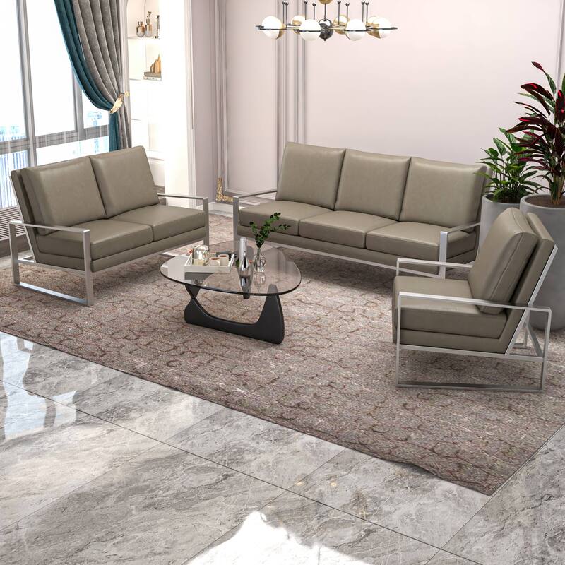 3-Piece Leather Sofa Set Brushed Stainless Steel Base and Removable Cushions