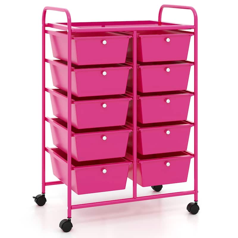 Gymax 10-Drawer Storage Cart Utility Rolling Trolley Kitchen Organizer - Pink