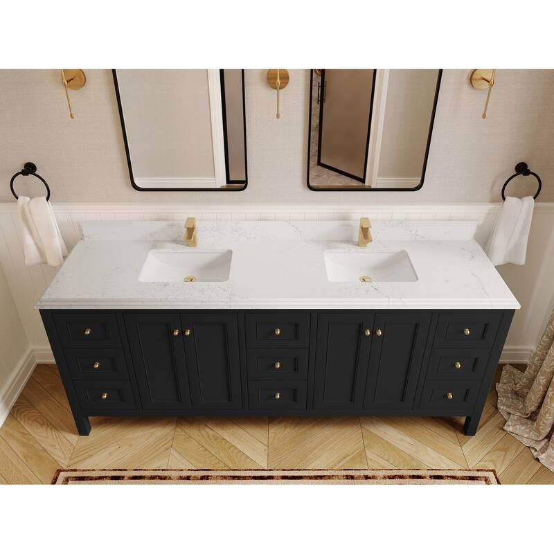 Willow Collections 84 in. W x 22 in. D Nashville Double Bowl Sink Bathroom Vanity with Countertop - 1.5”Empira White - Black