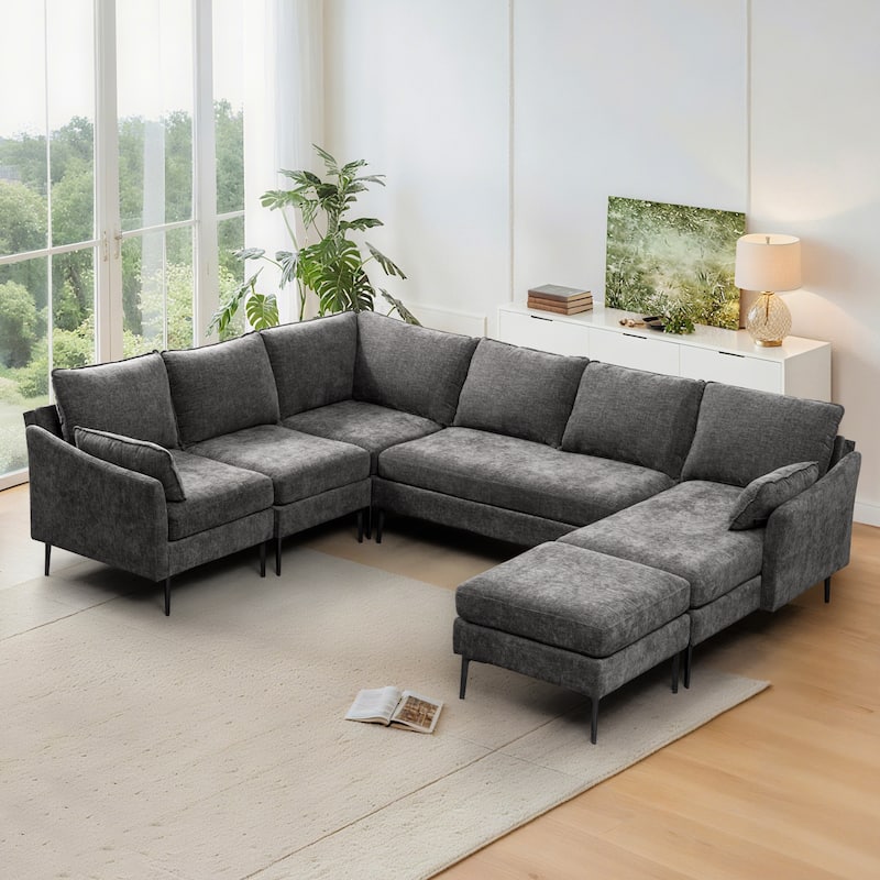 Modern Chenille Sectional Sofa with Reversible Chaise and Ottoman, Perfect for Living Rooms with Sleeper Function