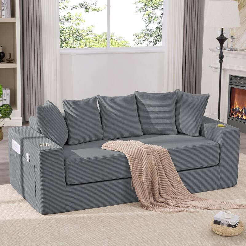 Convertible Corduroy Sleeper Loveseat Sofa Bed 3 Seater Floor Folding Couch with 5 Pillows, Cup Holders and Side Pockets - Dark Grey