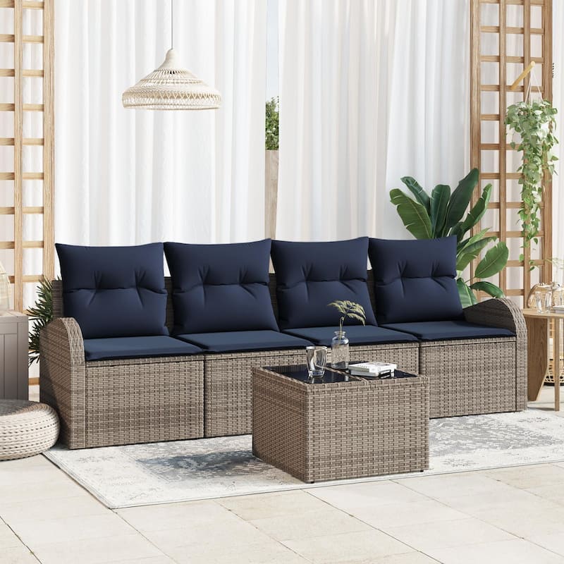 vidaXL 5 Garden Sofa Set with Cushions Black/Brown/Grey Poly Rattan - 92.1 x 24.4 x 27.2 - Grey