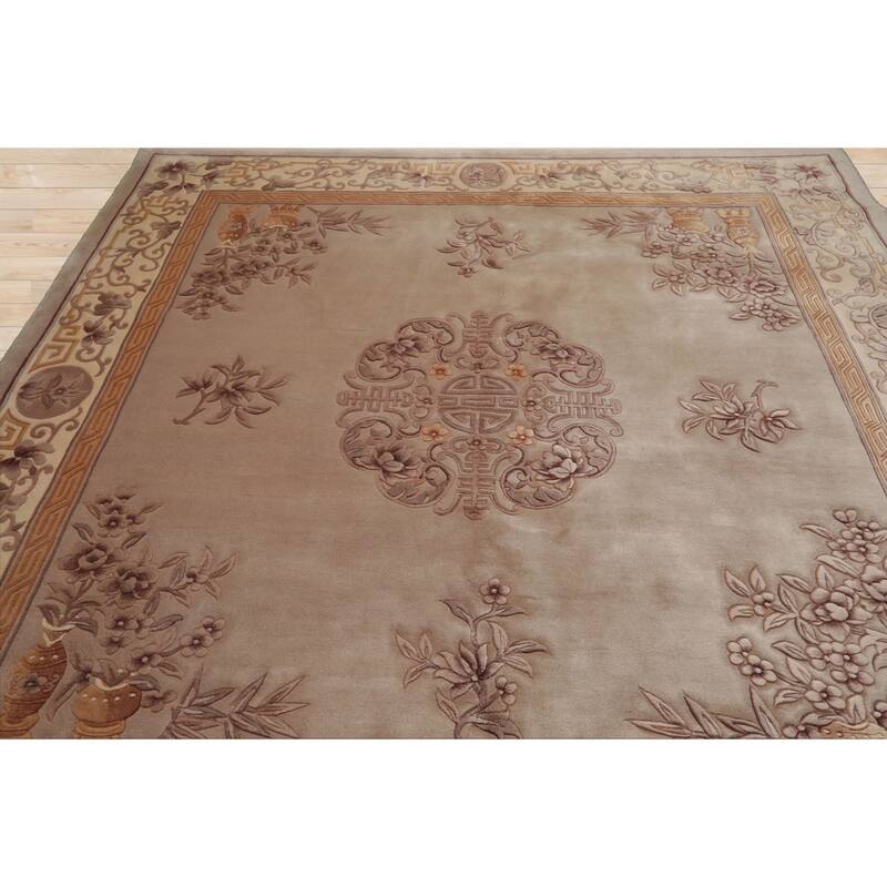 8'6''x8'6'' Round Hand Knotted Wool Taupe Aubusson Savonnerie Pile Rug - 8' 6'' x 8' 6''-Square