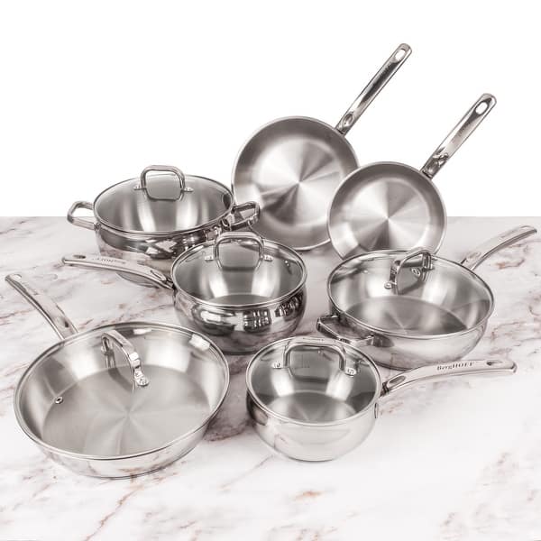 slide 2 of 3, BergHOFF Belly Shape 12pc 18/10 Stainless Steel Cookware Set, Glass Lids Silver