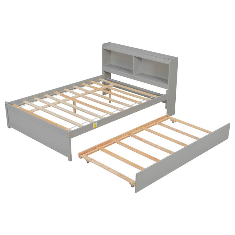 Full/Twin Storage Bed with Trundle and Bookcase Headboard, Pine Wood Bed Frame with Shelves, Space-Saving Design