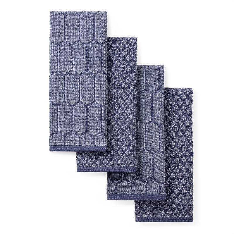 MARTHA STEWART Honeycomb Chambray Textured Kitchen Towel 4-Pack Set - Navy Blue