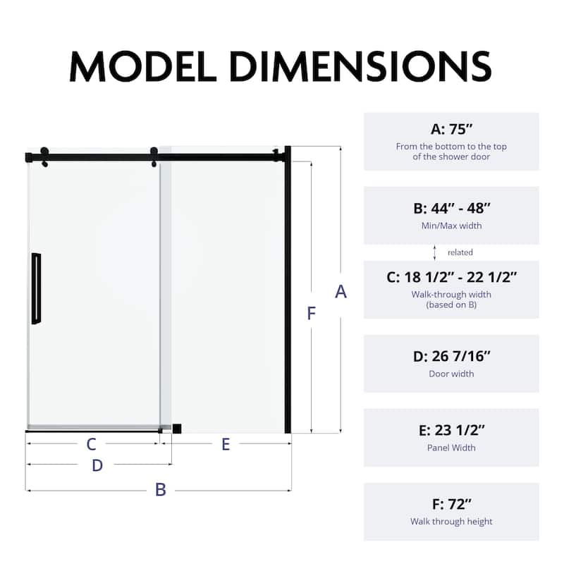 Glassic SI Series 44" - 48" W x 75" H Contemporary Frameless Single Sliding Shower Doors With 3/8" Clear Tempered Glass
