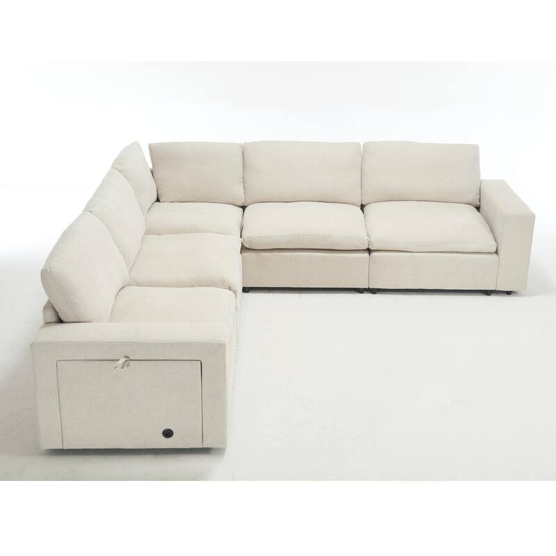 5-seat Modular Sectional Couch with Wireless Charging, Cup Holders & Book Storage, Beige Soft Linen Fabric