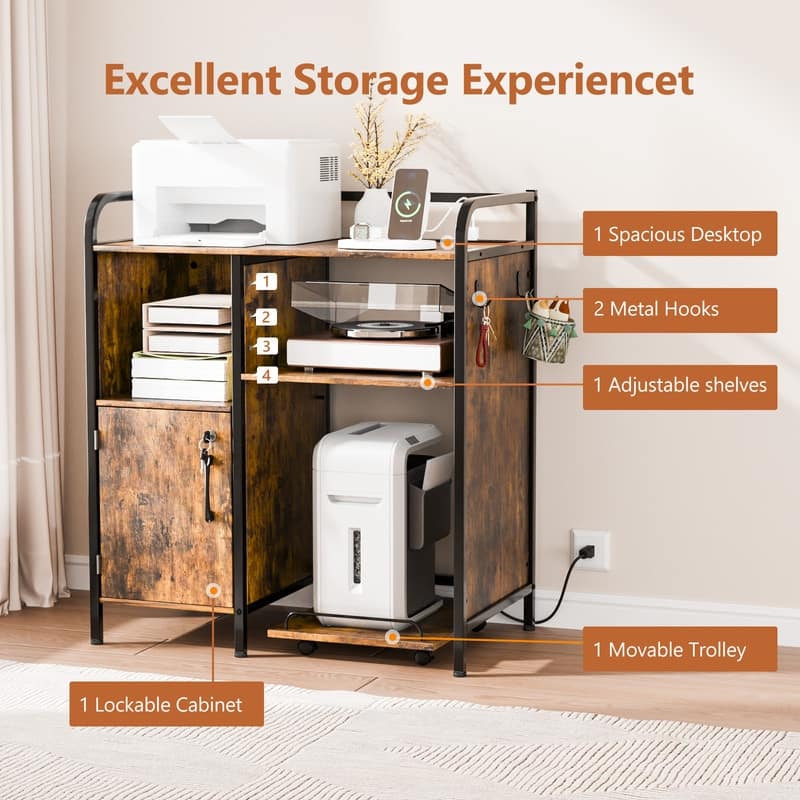 Cabinet with Rolling Cart Printer Stand Brown P2 Particleboard 31.5x17.7x35.4 inches