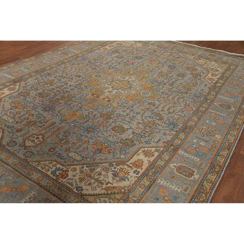 Grey Geometric Tabriz Vintage Persian Area Rug Handmade Wool Carpet - 8'1" x 11'3"