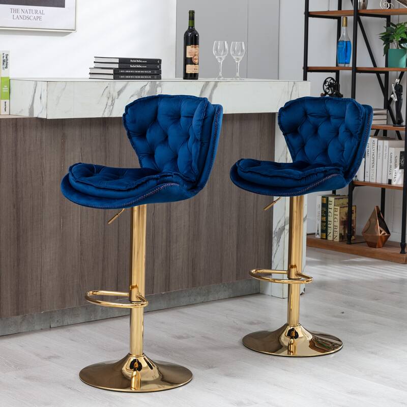 2 Velvet Bar Stools with Chrome Footrest and Base Swivel Height Adjustable - N/A - Navy Blue