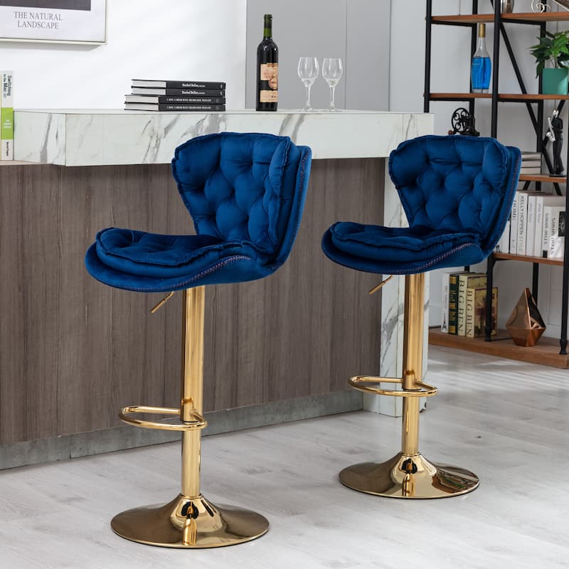 Swivel Height Adjustable Velvet Bar Stools Set of 2,with Golden Footrest and Base