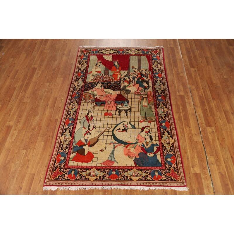 Pre-1900 Antique Pictorial Kashan Persian Rug Hand-Knotted Wool Carpet - 4'3"x 7'0"