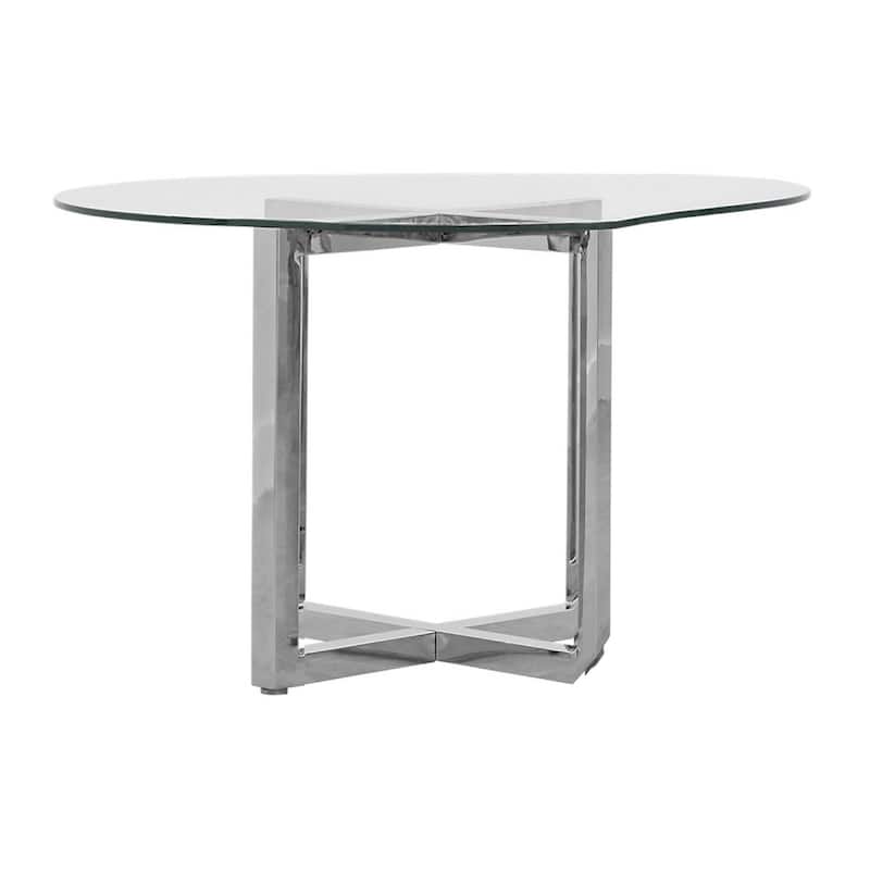 Eun 48 Inch Round Dining Table with Clear Glass Top, Cross Base, Chrome