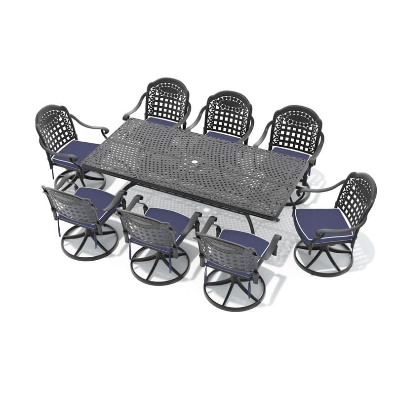 9-Piece Aluminum Rectangular Outdoor Patio Dining Set, 8 Cushioned Swivel Chairs, Table, All-Weather Frames