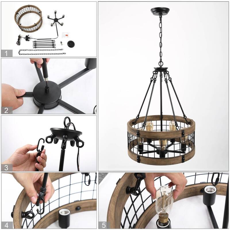 Modern Farmhouse 5-Light Wood Drum Black Metal Rustic Chandelier for Dining Room