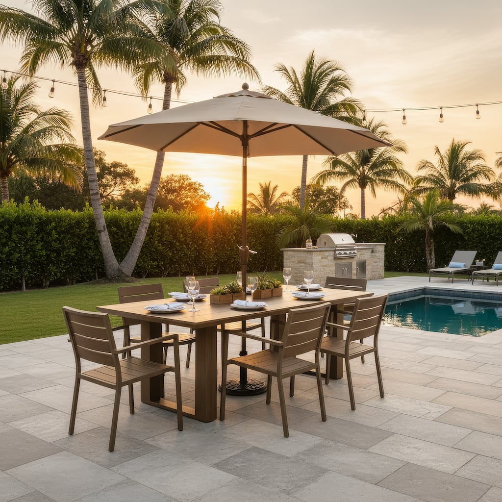 Baily Outdoor Dining Table with Umbrella Hole, 84 Inch Brown Metal