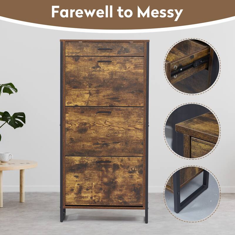 3-Tier Flip Shoe Storage Cabinet with Drawer, Hidden Storage Organizer for Entryway, Hallway, or Behind the Door Organizer