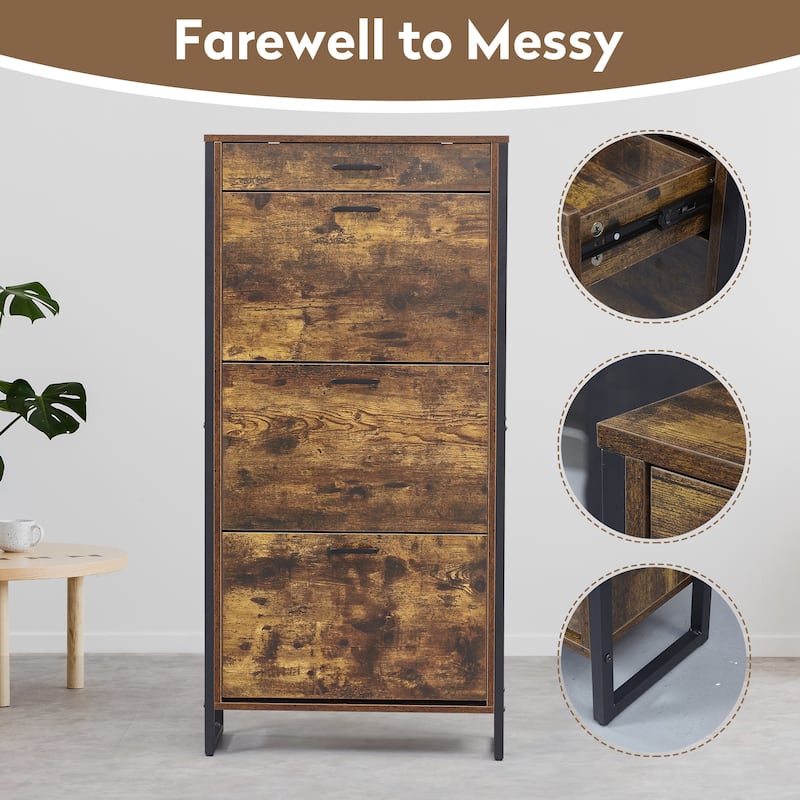 Hidden Wood Shoe Storage Cabinet, Narrow Shoe Cabinet with Drawers, 3-Tier 15 Pair Shoe Rack for Hallway, Entryway