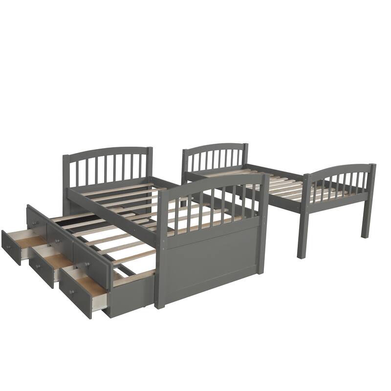 Twin Bunk Bed with Ladder, Safety Rail, and Trundle with 3 Drawers for Bedroom or Guest Room