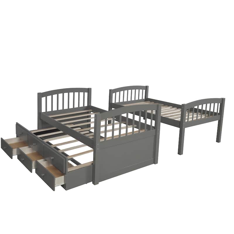 Twin Over Twin Bunk Bed with Ladder and Safety Rail, Twin Trundle Bed with 3 Drawers for Teens Bedroom, Guest Room Furniture