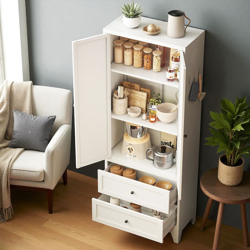 72" Tall Steel Kitchen Pantry Storage Cabinet with 2 Drawers, Adjustable Shelves and Hooks, Freestanding Organizer