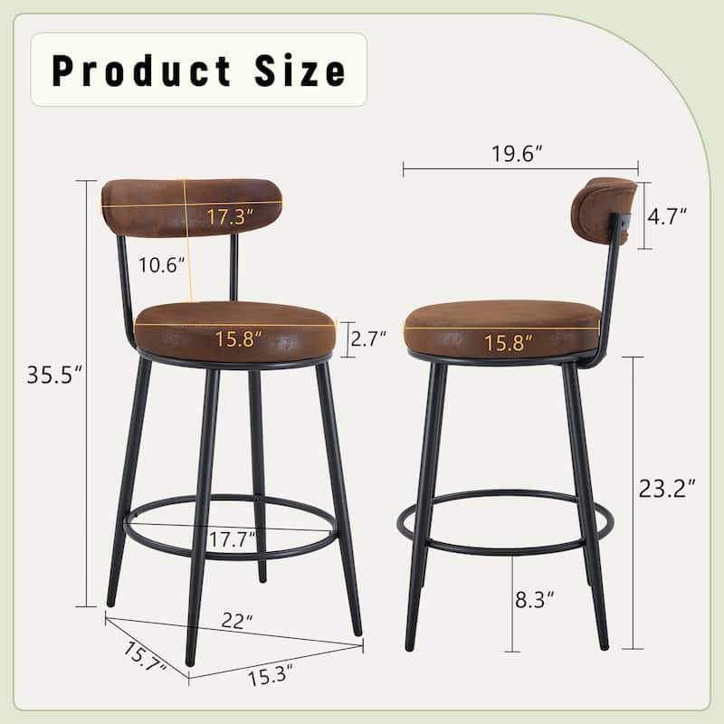 Counter Height Bar Stools Set of 2, Fabric Upholstered Bar Stools with Open Back, Kitchen Island Chairs with Footstool