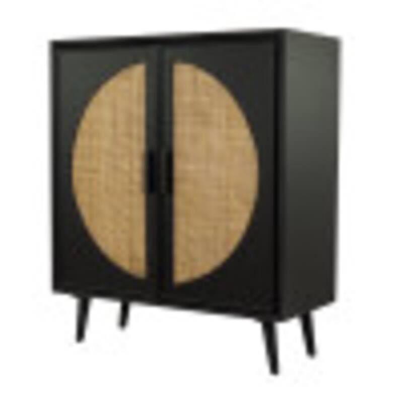Wood Geometric Square 2 Door Cabinet with Circular Cane Accent - Black - Roche River Decor - 16"W x 36"L x 43"H - 16"W x 36"L x 43"H - Black