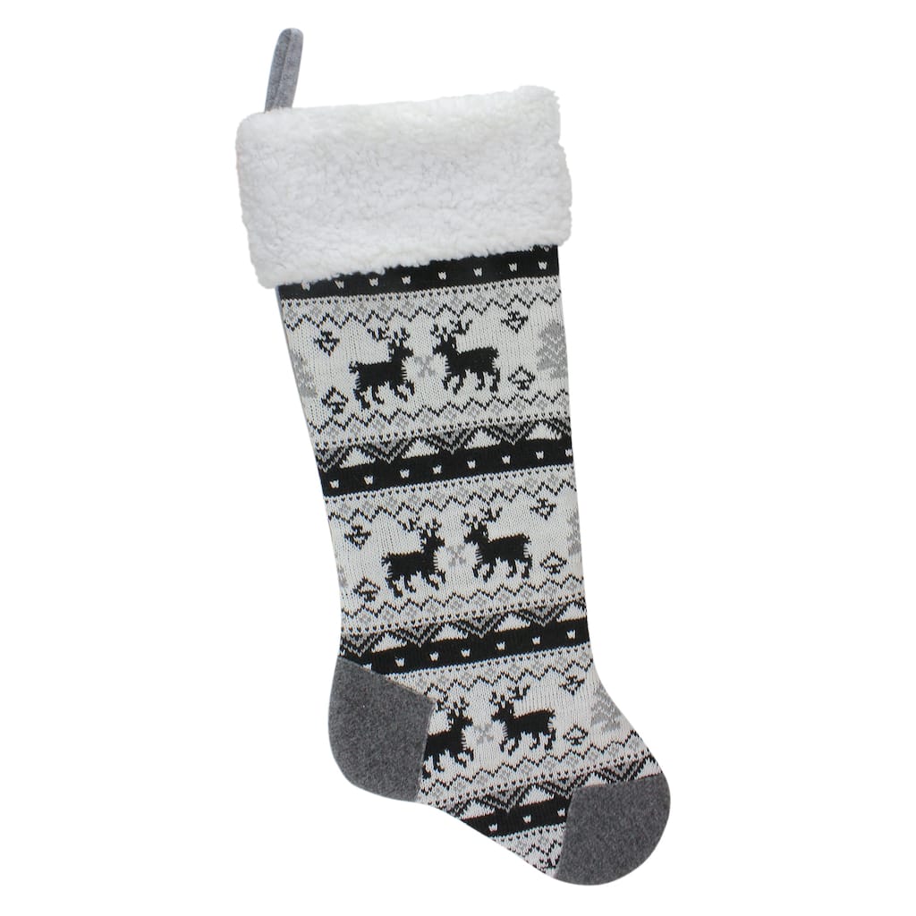 21" Black Gray and White Rustic Lodge Knit Christmas Stocking with High Pile Fleece Cuff