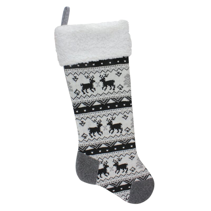 21" Black Gray and White Rustic Lodge Knit Christmas Stocking with High Pile Fleece Cuff