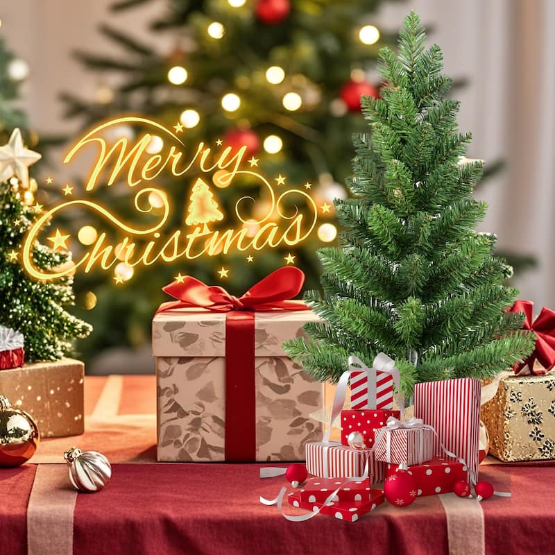 Set of 2 Tabletop Christmas Trees, 2FT Small Artificial PVC Green Trees with 68 Tips Each, Burlap-Wrapped Cement Base