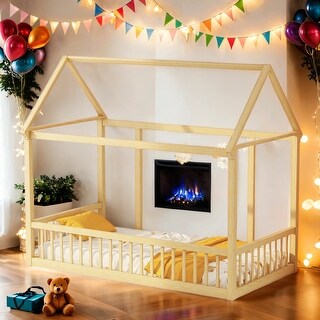 Twin Size Floor Wooden House Bed with House Roof Frame and Safety Guardrails For Home