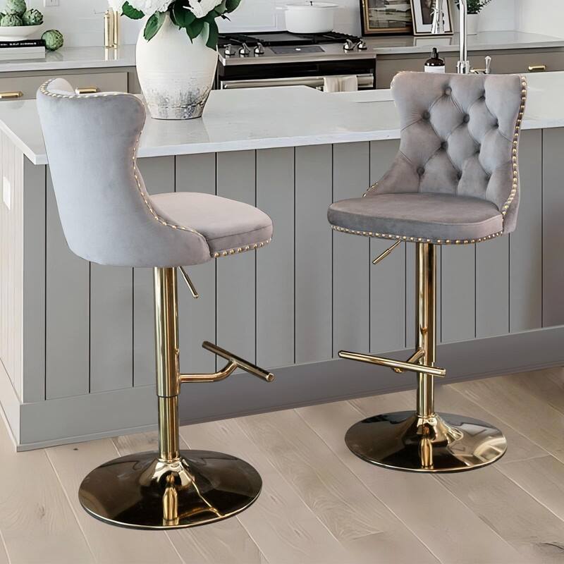Velvet Upholstered Nailheads Tufted Swivel Bar Stools (Set of 2)