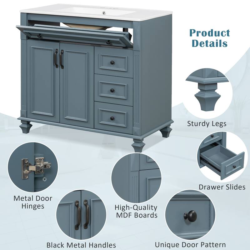 GDFStudio - Oliver Bennett 36-Inch Freestanding Bathroom Vanity with Flip-Out Storage and Refined Wood