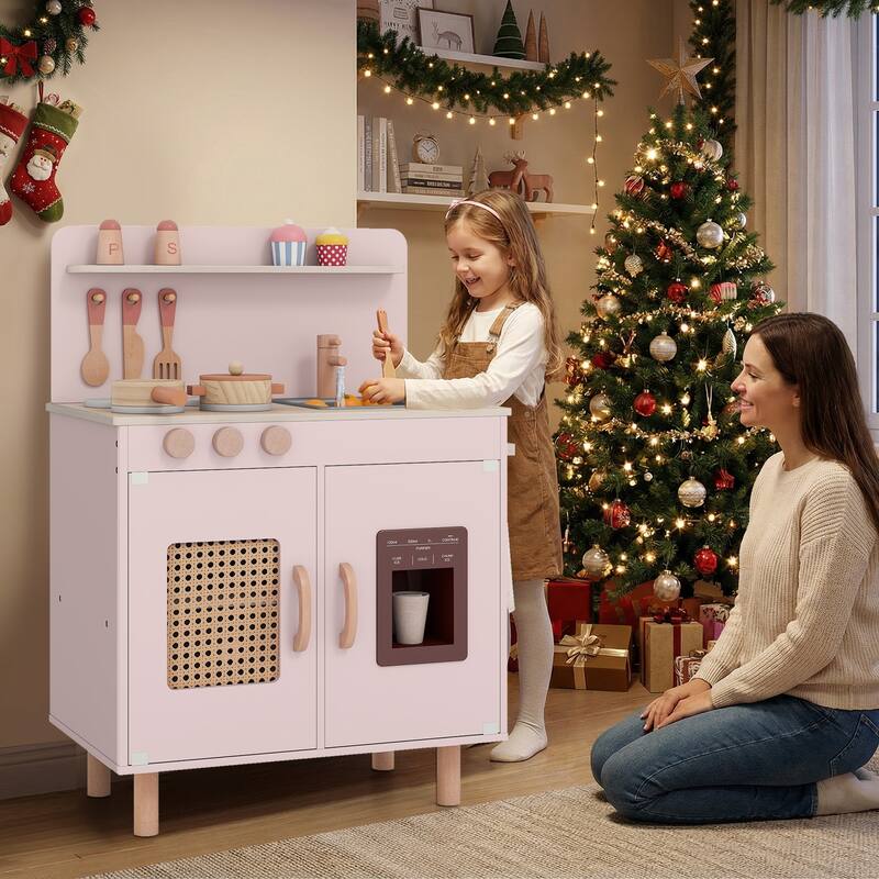Gymax Play Kitchen w/Realistic Ice Maker Stove Accessories & Water