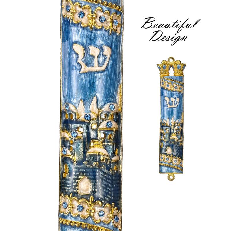Matashi Hand Painted Blue Enamel Mezuzah with Jerusalem City Design with Gold Accents and High Quality Crystals