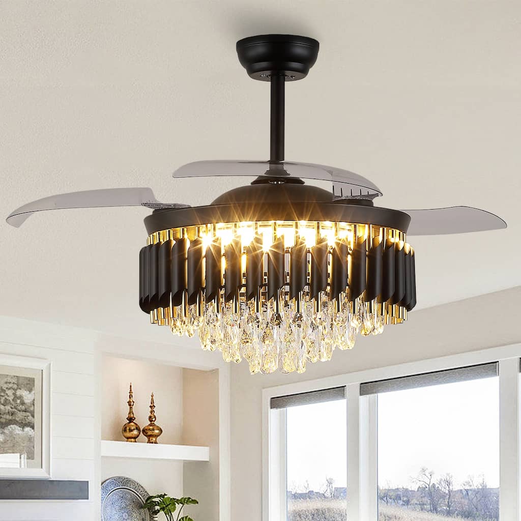 48" Crystal Chandelier Ceiling Fan with Light and Retractable Blades LED Dimmable DC Motor for Bedroom Living Room Kid's Room
