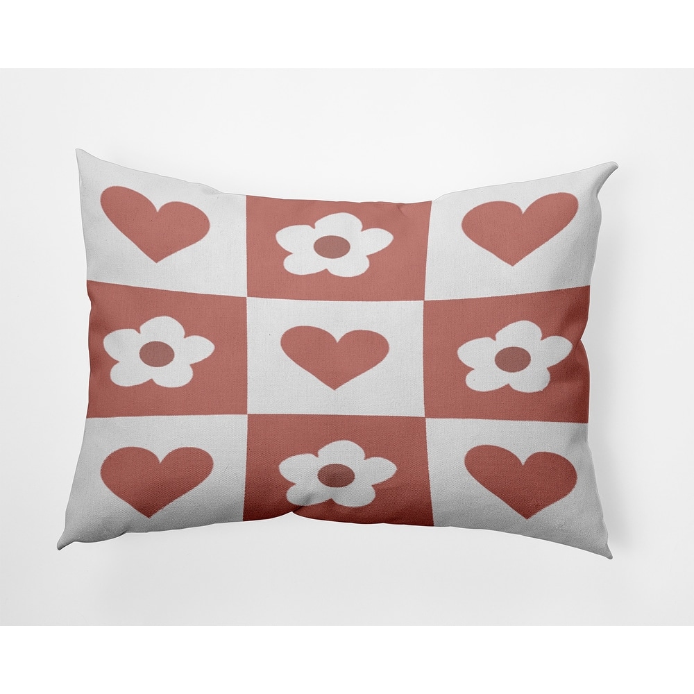 Heart And Flowers Grid Valentines Day Accent Pillow