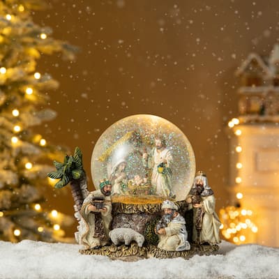 Glitzhome 8.25"H Oversized Resin Lighted Musical Snowflakes Nativity Waterglobe