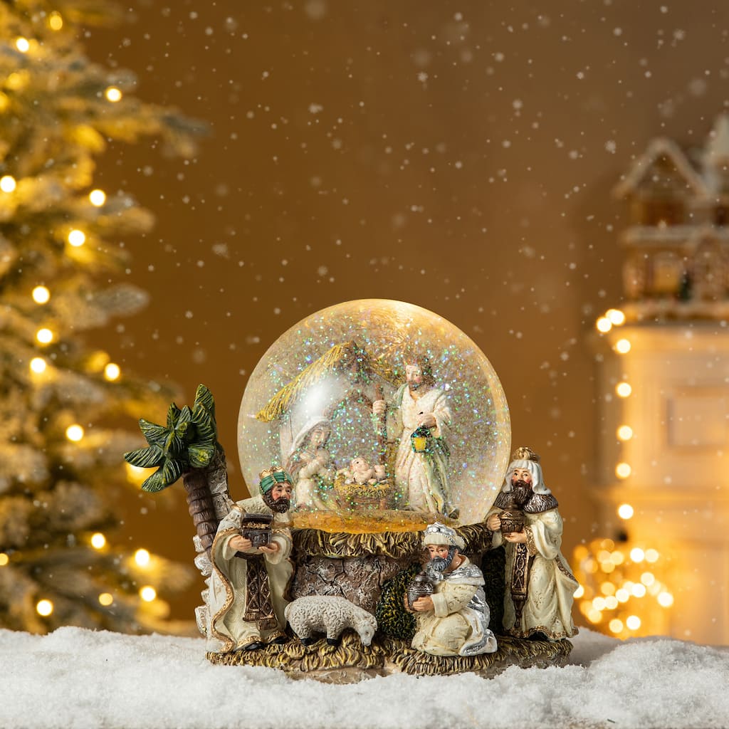 Glitzhome 8.25"H Oversized Resin Lighted Musical Snowflakes Nativity Waterglobe