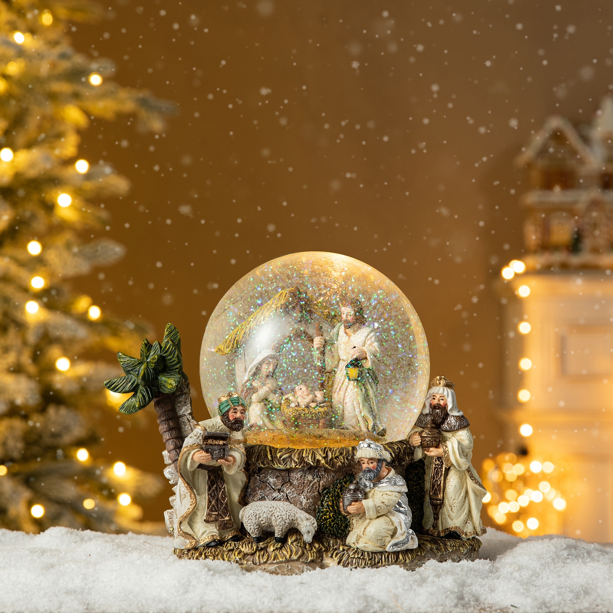 Glitzhome 8.25"H Oversized Resin Lighted Musical Snowflakes Nativity Waterglobe