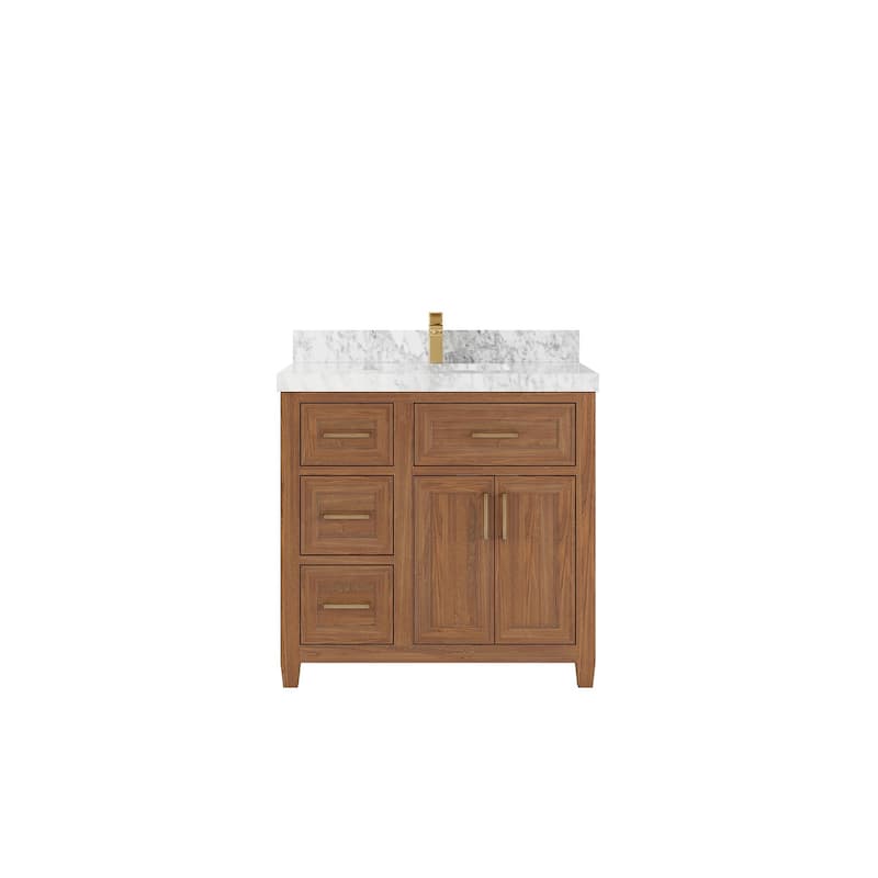 Willow Collections 36 in. W x 22 in. D Santa Monica Teak Bathroom Vanity Center with Countertop - 2”Carrara Marble - Dark Natural Teak