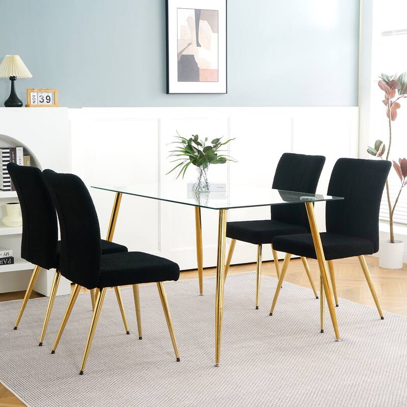 Modern Black Teddy Wool Dining Chairs Set of 4, Upholstered Chair with Fabric Accent Side Chair, Side Chair with Gold Metal Legs