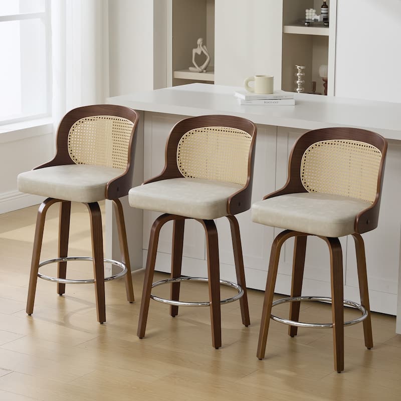 26" Upholstered Swivel Counter & Bar Stool with Rattan Back - 37.4"H x 19.09"W x 19.88"D